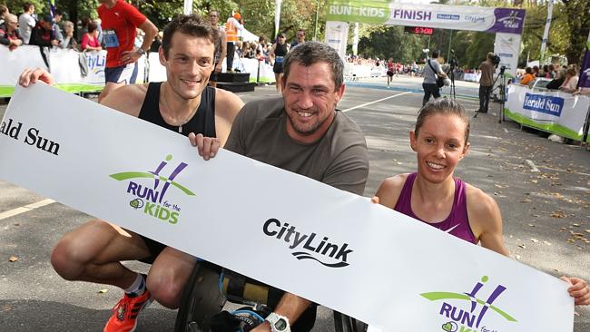 Run for Kids 2014 winners Craig Mottram, Matthew Brumby and Tarli Bird. Picture: Stuart Milligan Source: News Corp Australia